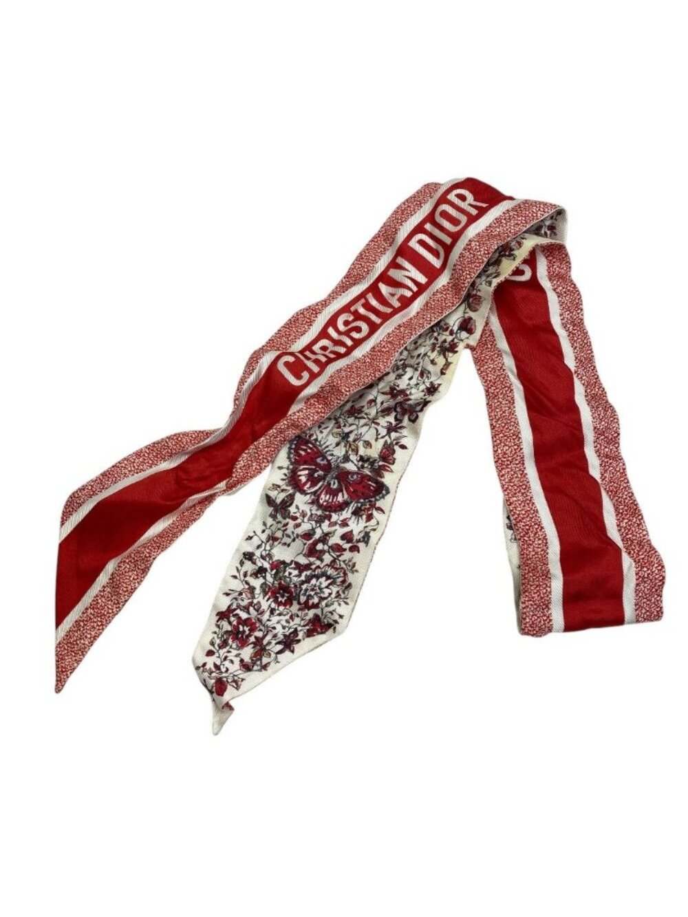 Dior Mitzah Scarf Ribbon Silk Twill Floral Pattern Flower Red White Multicolor - Picture 2 of 9